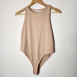 Zara Womens Large Beige Bodysuit Cheeky Sleeveless
